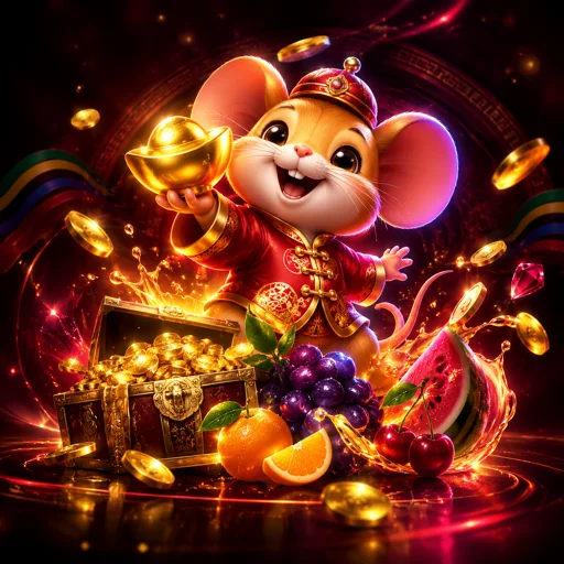 Rato da fortuna em meio a moedas douradas na slot Fortune Mouse